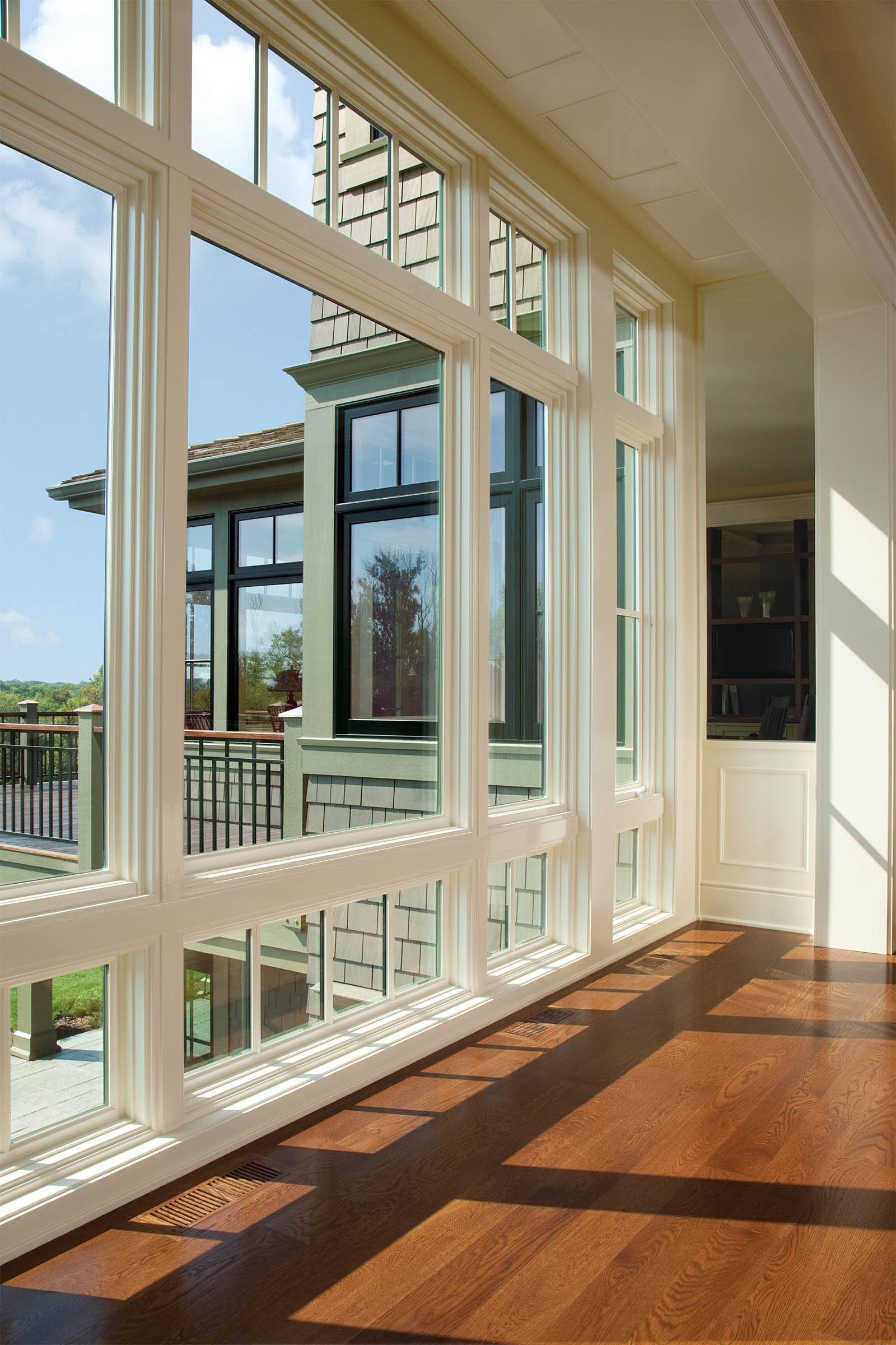 Modern hallway with large windows