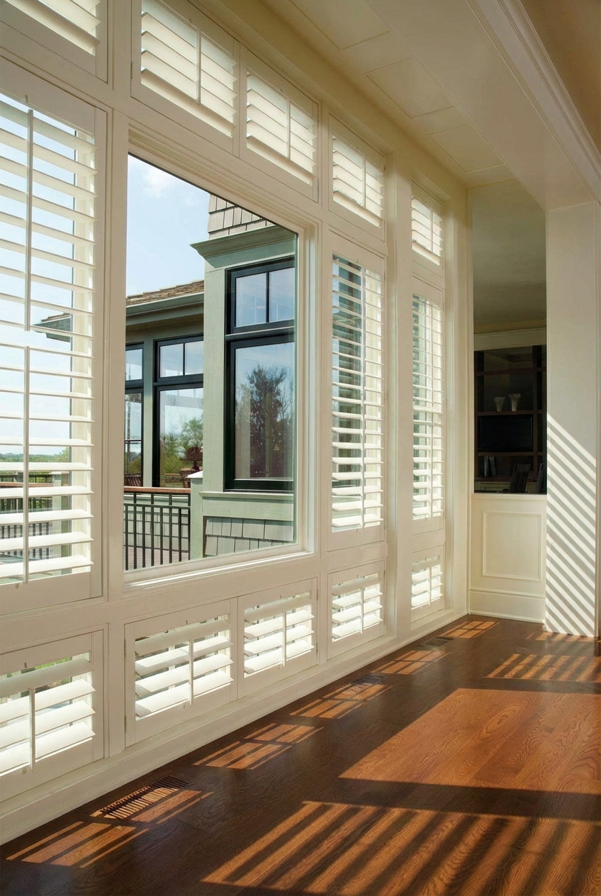 White plantation shutters in hallway